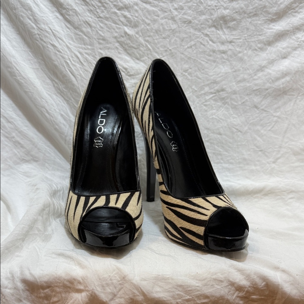 Aldo Black and Cream Zebra Heels
